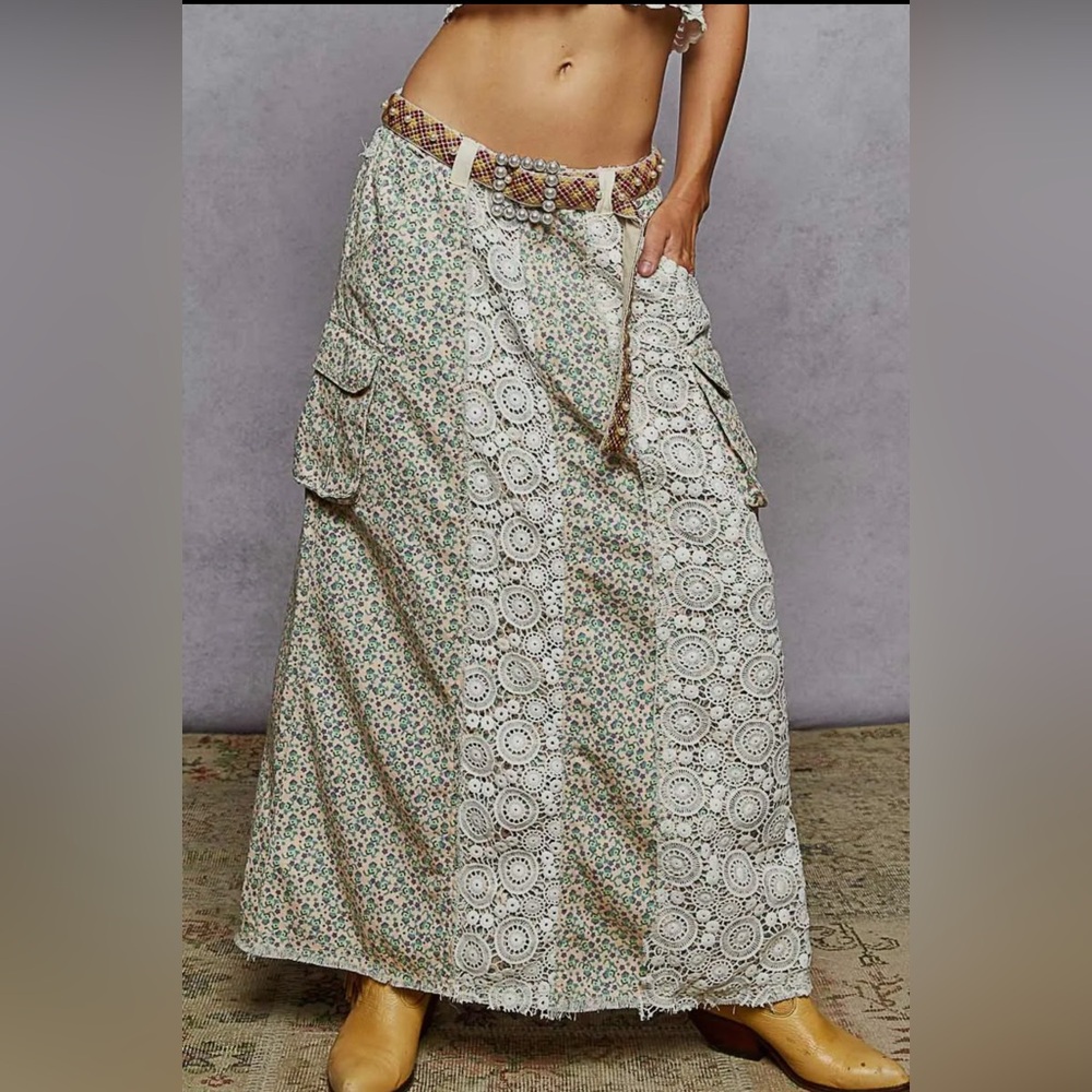 POL A-Body Crochet Patches Denim Maxi